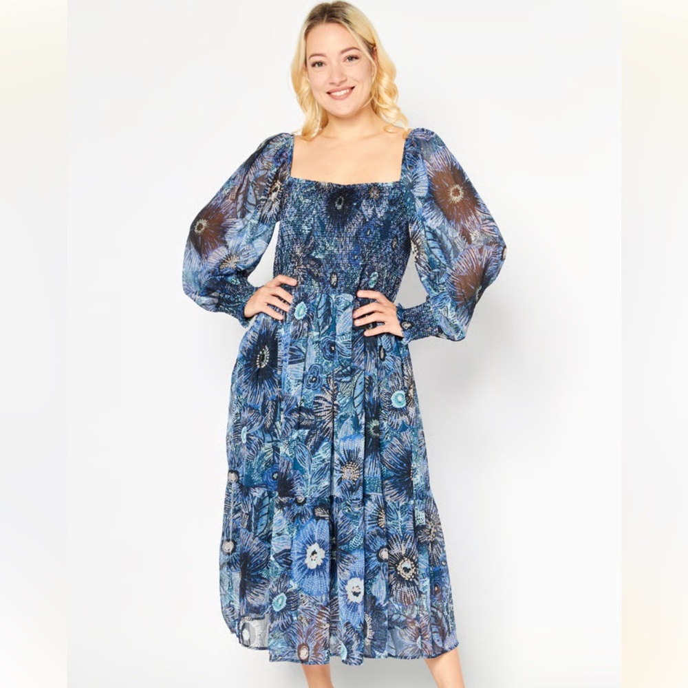 Vince Camuto Blue Floral Long Sleeve Dress Midi Curve Plus Wedding guest long